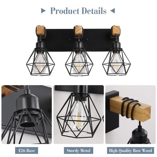 Farmhouse Vanity Light for Bathroom, 3-Light Wood Bathroom Vanity Light Fixtures Over Mirror, Rustic Sconces Wall Lighting with Metal Lampshade for Living Room, Bedroom, Hallway