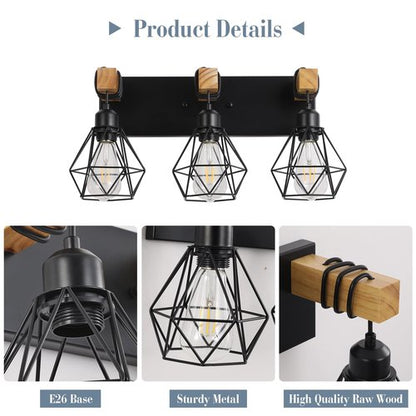 Farmhouse Vanity Light for Bathroom, 3-Light Wood Bathroom Vanity Light Fixtures Over Mirror, Rustic Sconces Wall Lighting with Metal Lampshade for Living Room, Bedroom, Hallway