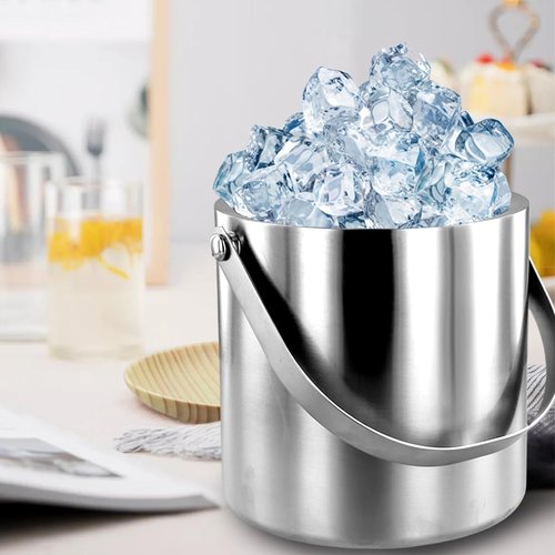 Ice Bucket with Lid Strainer Tong,2QT Double Walled Stainless Steel Insulated Ice Bucket Container,Good Sealing Ice Cube Bucket with Cover for Chilling Beer Cocktail Bar Parties