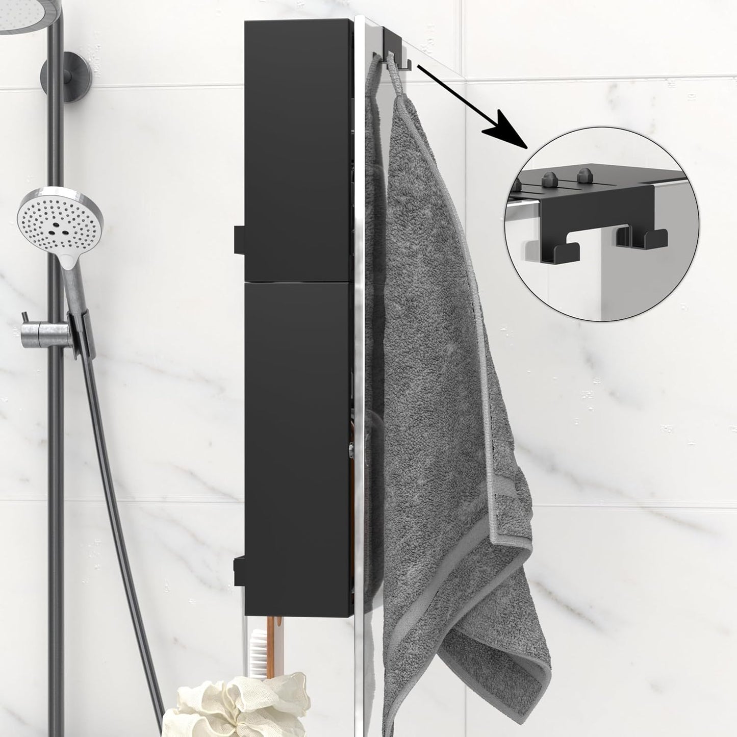 Skiennix Over The Glass Shower Caddy - 2-Tier Rustproof Stainless Steel Organizer | Black with Hooks & Suction Cups