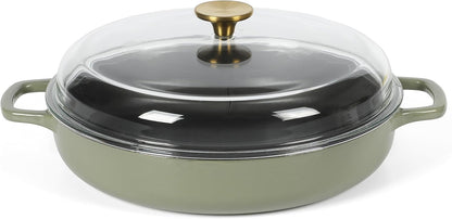 Sur La Table Enamel Cast Iron Braiser Pan - 3.75 Quart Non-Toxic Nonstick with Glass Lid | Juniper Green