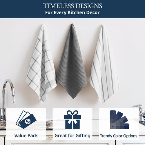LANE LINEN Cotton Kitchen Towels Set - 6-Pack Absorbent Quick-Drying Dish Cloths, 18" x 28", Soft Grey