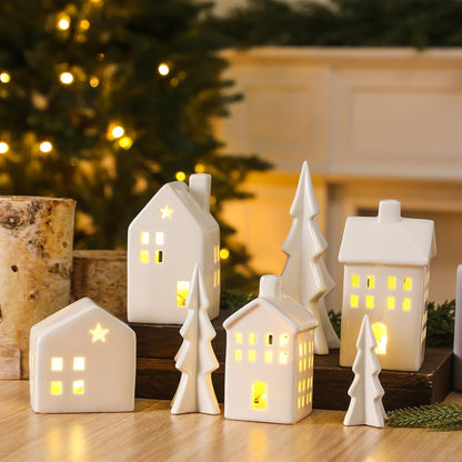 Newtay Ceramic Christmas Village Set - 7 Pcs LED Light-Up White Houses & Xmas Trees for Rustic Holiday Decor