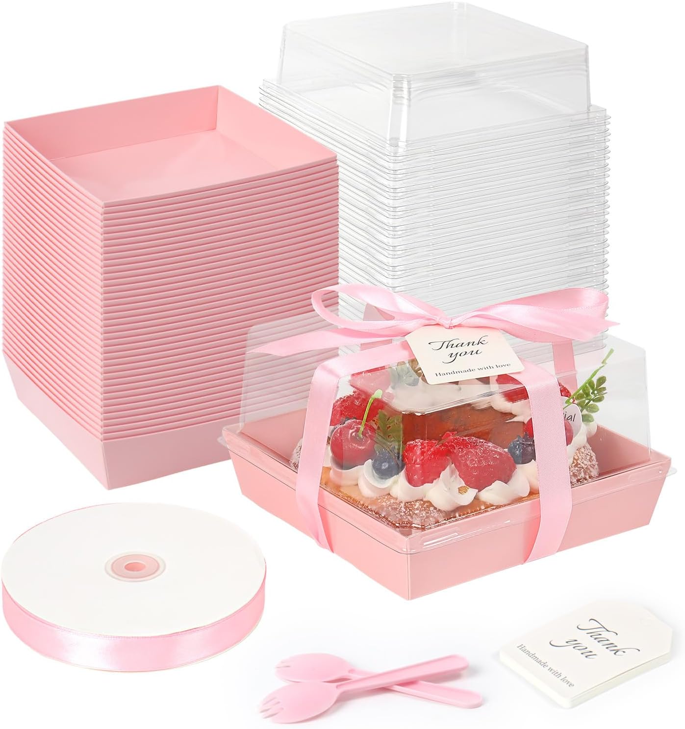 Regine Switzerland Paper Cake Boxes - 50 Pack Pink Clear Lid Containers for 4-6 Inch Desserts | Perfect for Valentine's Day