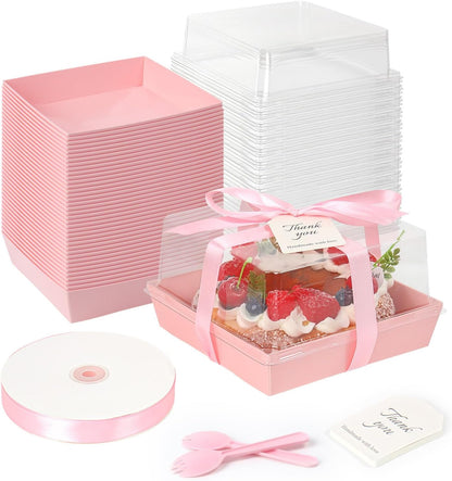 Regine Switzerland Paper Cake Boxes - 50 Pack Pink Clear Lid Containers for 4-6 Inch Desserts | Perfect for Valentine's Day
