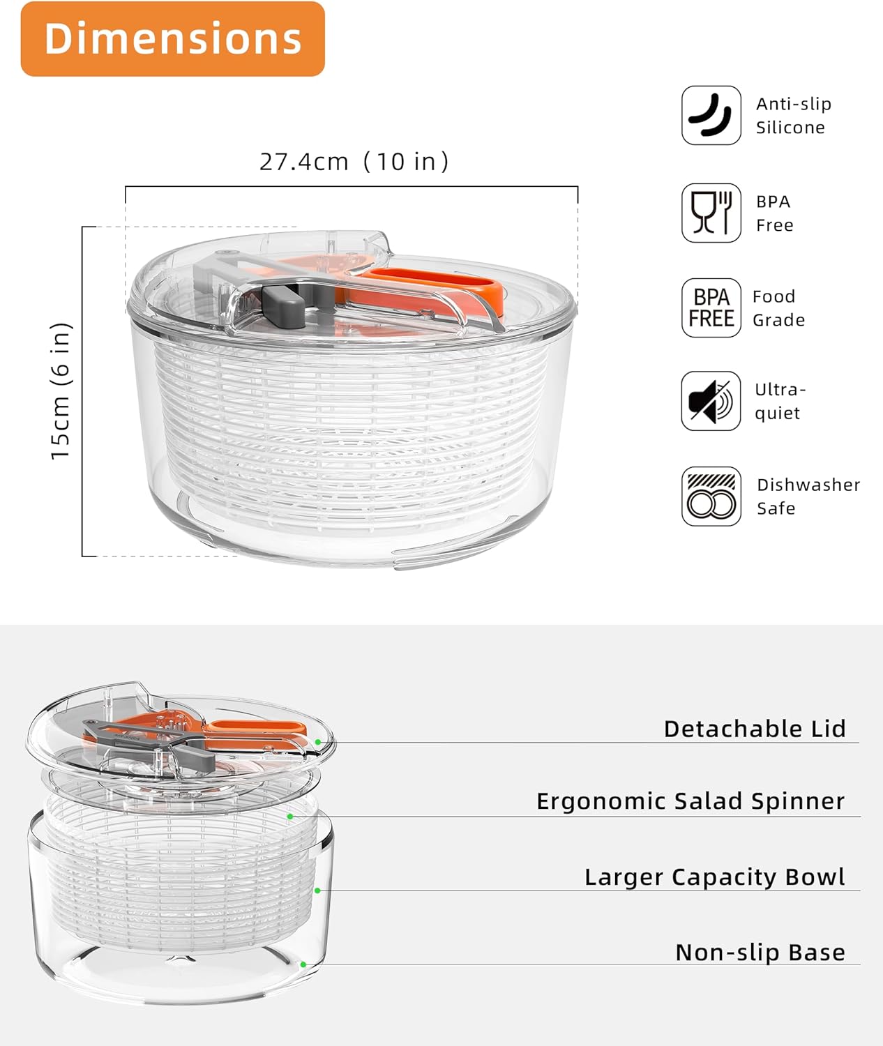 MR.SIGA Large Salad Spinner - Efficient Fruit Washing Bowl with Strainer for Greens & Vegetables