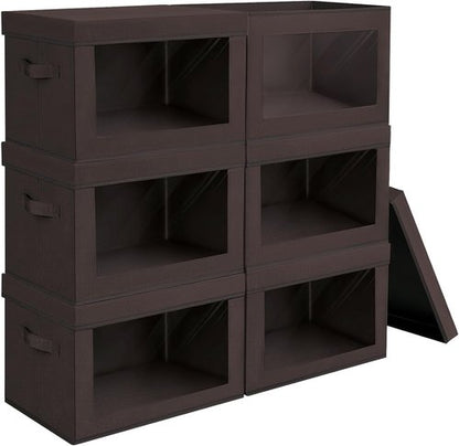 Homsorout Stackable Storage Bins - Large Foldable Closet Organizer with Lids | 6-Pack Brown Cubes
