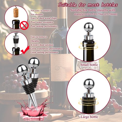 3 Pcs Wine Stoppers for Wine Bottles, Limso with Silicone Stopper Wine Saver, Reusable Vacuum Wine Stopper Bottle, Suitable for Standard Bottle Mouth (Silver)