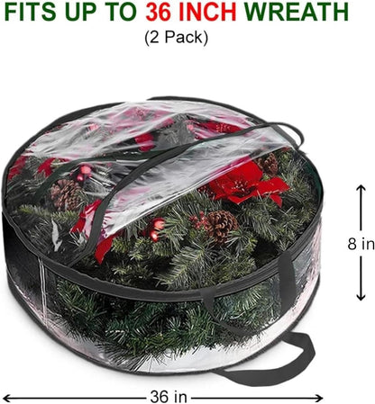 ProPik Christmas Wreath Storage Bag - Waterproof 36" Clear Container for Holiday Wreaths | 2 Pack, Black