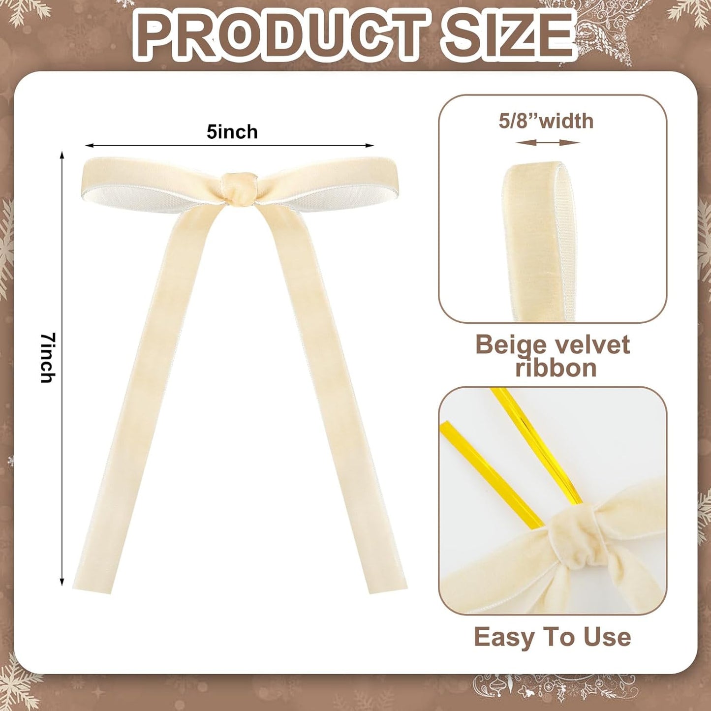 Skiennix 24 Pcs Velvet Bows - Vintage Ribbon Bows for Christmas Tree & Crafts | Beige, 5 x 7 Inch