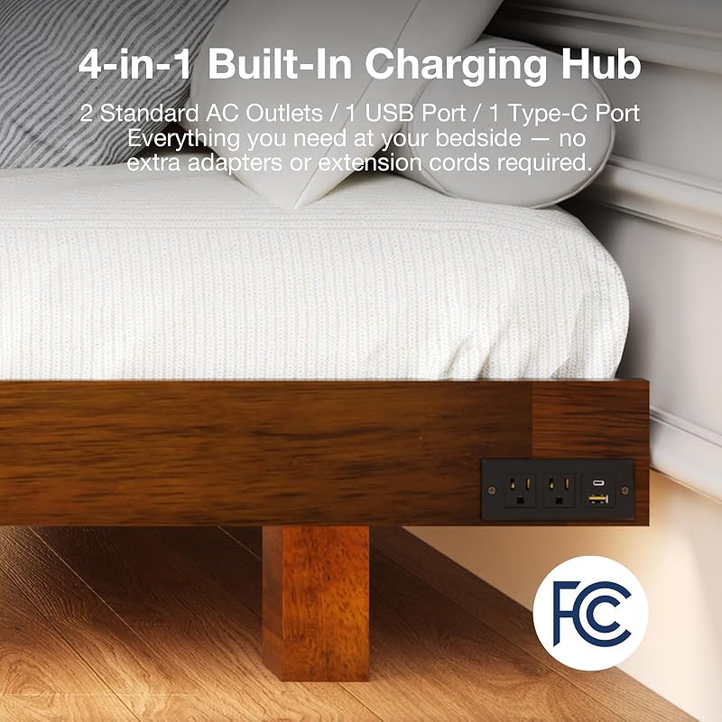 Novilla Walnut Finish Floating Queen Bed Frame with Motion Sensor LED Light & USB-C Power Station