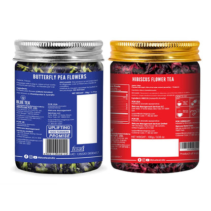 BLUE TEA - Combo Pack- Butterfly Pea Flower Tea (1.76oz) & Hibiscus Flower Tea (3.5oz) | DETOX TEA | Natural Ingredients - Flower Based - Herbal Tea - Vegan - Caffeine Free | Pet Jar Packaging