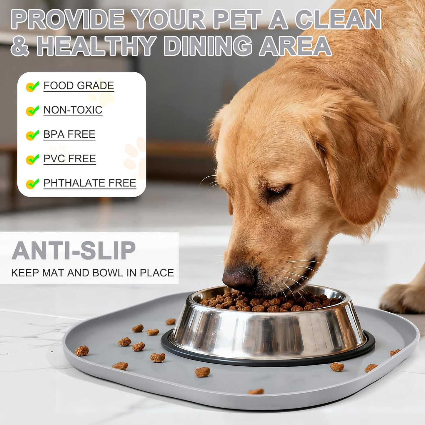 Skiennix Small Silicone Pet Food Mat - Waterproof Design with Raised Edge | 12 x 12 x 0.7 in Light Gray