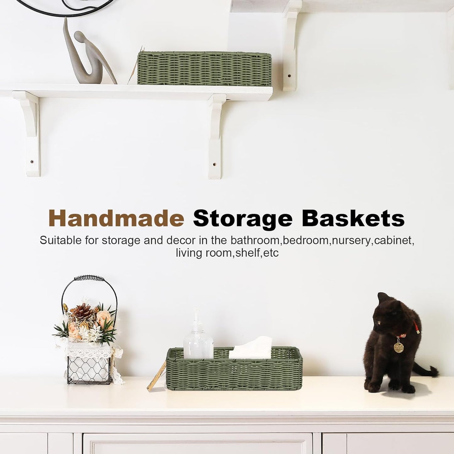 Regine Switzerland Wicker Storage Basket - Green Decorative Bin for Countertops & Shelves | Waterproof Toilet Paper Holder