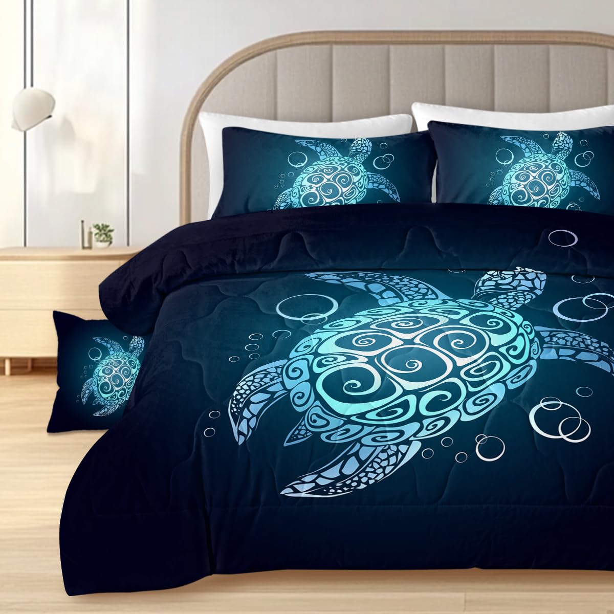 Sleepwish Teal Turquoise Comforter Set King Size for Boys Girls 4 Piece Beach Theme Bedding Set Soft Green Sea Turtle Bed Set