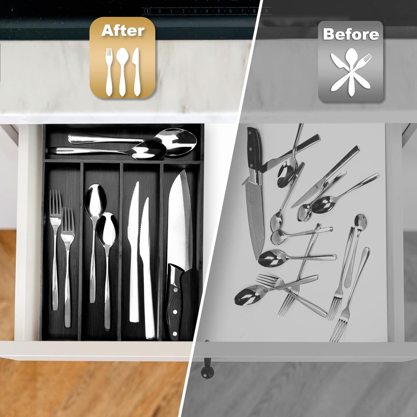 Regine Switzerland Bamboo Silverware Holder - 5-Slot Drawer Organizer in Black