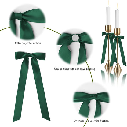 Skiennix 12 Pcs Hunter Green Satin Ribbon Bows - 10 Inch Decorative Gift Wrap & Candle Holder Accents