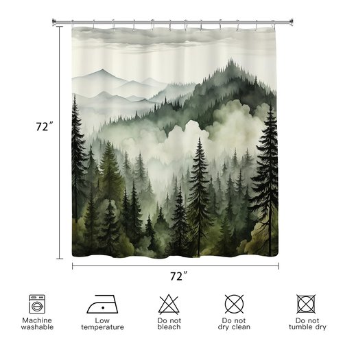 BayNook Dark Green Misty Forest Shower Curtain, Mountain Nature Shower Curtain for Bathroom, Rustic Woodland Pine Tree Landscape Mens Decor Waterproof Fabric Shower Curtain Set with Hooks, 72x72
