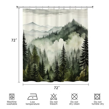 BayNook Dark Green Misty Forest Shower Curtain, Mountain Nature Shower Curtain for Bathroom, Rustic Woodland Pine Tree Landscape Mens Decor Waterproof Fabric Shower Curtain Set with Hooks, 72x72
