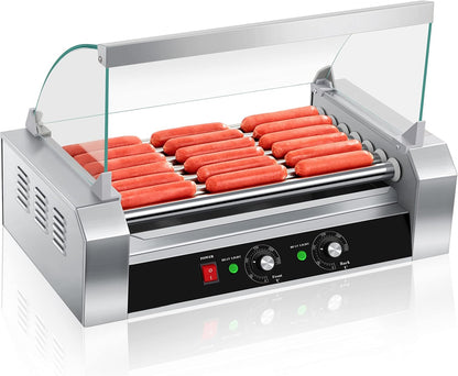 SYBO Hot Dog Roller - 18 Capacity, Non-Stick Stainless Steel, Detachable Glass Cover, 1000 Watts