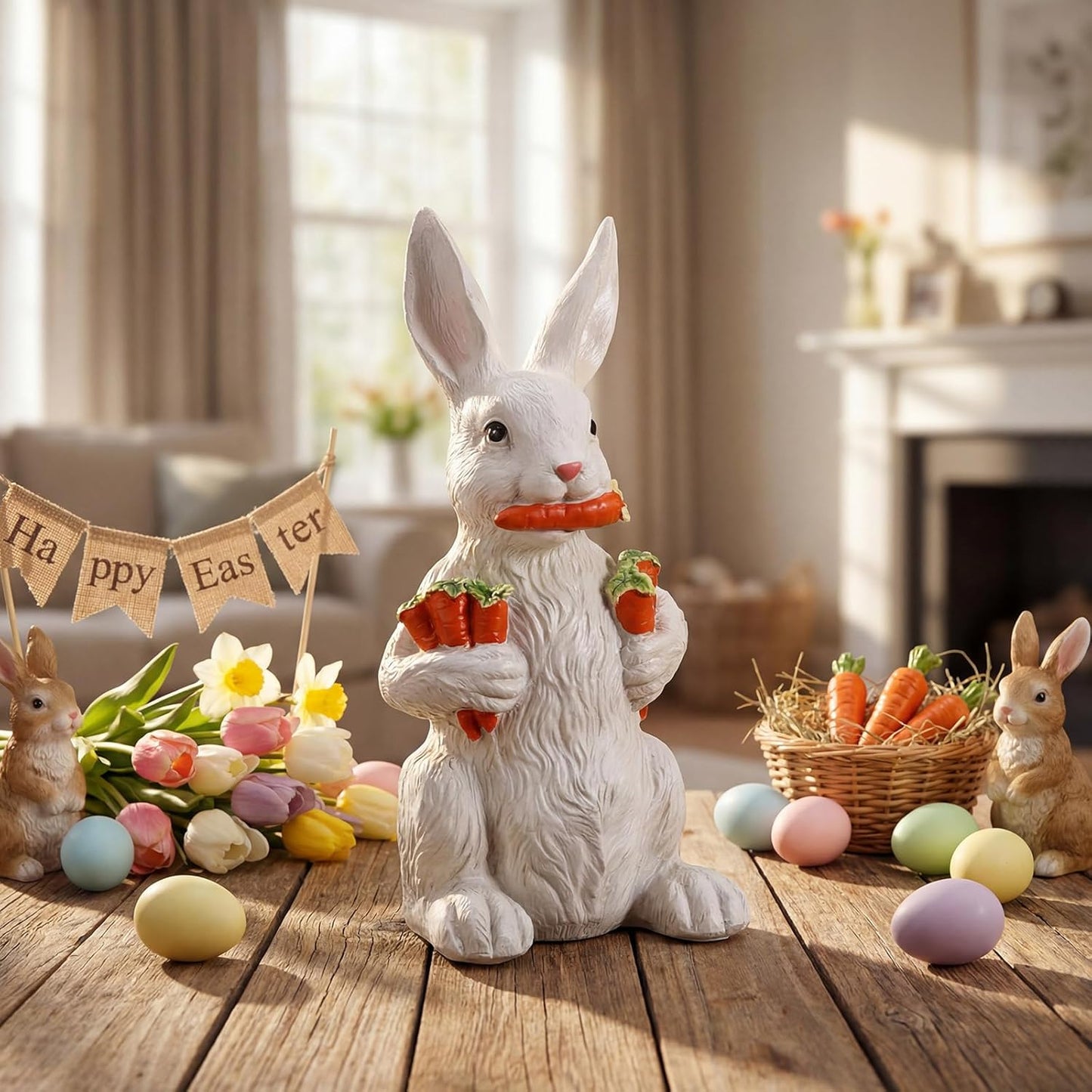 Yookeer 13-Inch Large Bunny Sculpture - Spring Resin Rabbit Figurine with Carrot for Easter Decor