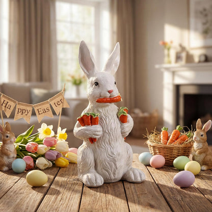Yookeer 13-Inch Large Bunny Sculpture - Spring Resin Rabbit Figurine with Carrot for Easter Decor