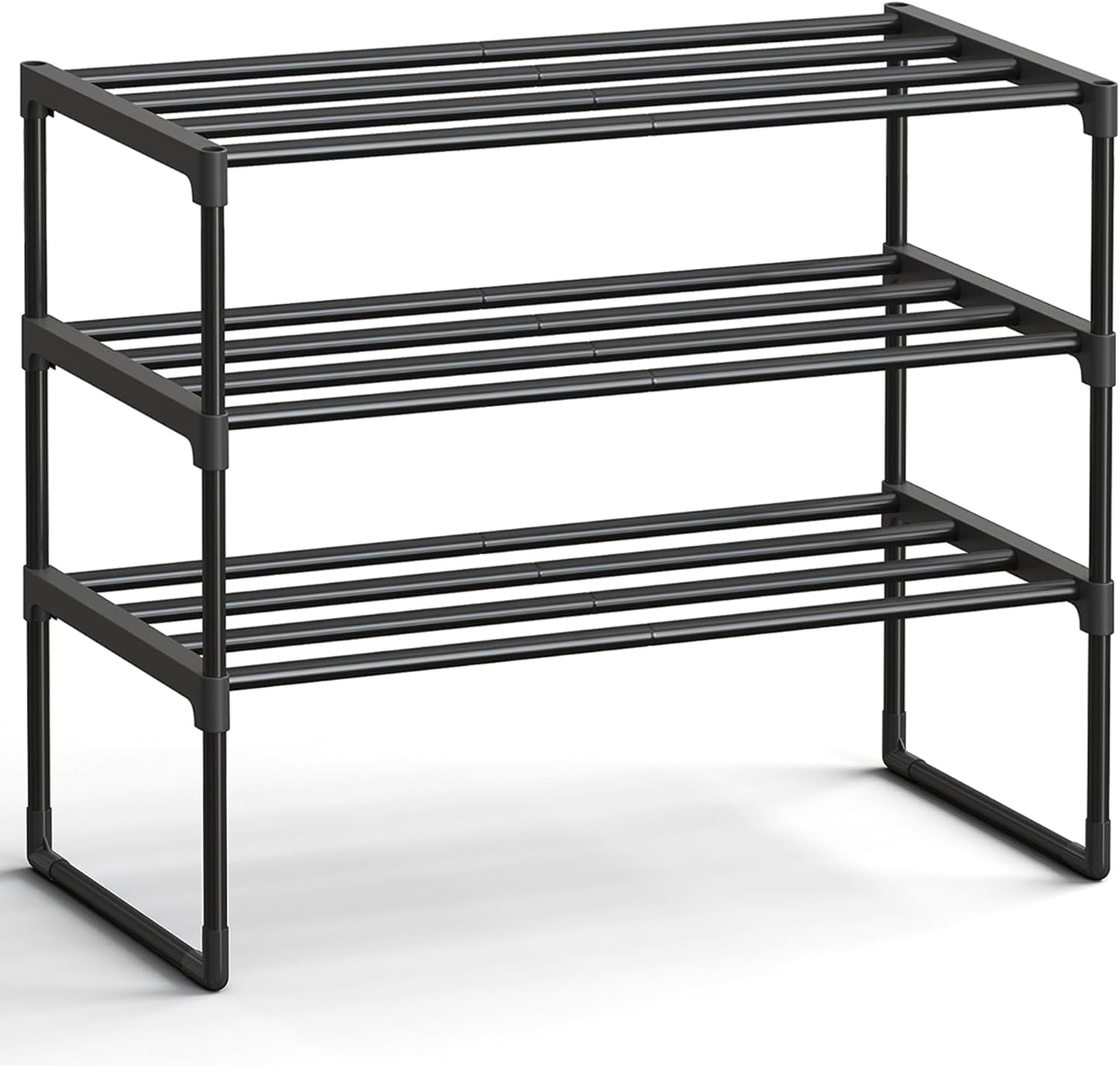 SONGMICS 3-Tier Shoe Rack - Stackable Metal Organizer for 8-12 Pairs | Black, 11.8 x 26.8 x 21.7 Inches