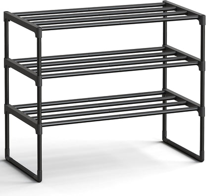 SONGMICS 3-Tier Shoe Rack - Stackable Metal Organizer for 8-12 Pairs | Black, 11.8 x 26.8 x 21.7 Inches