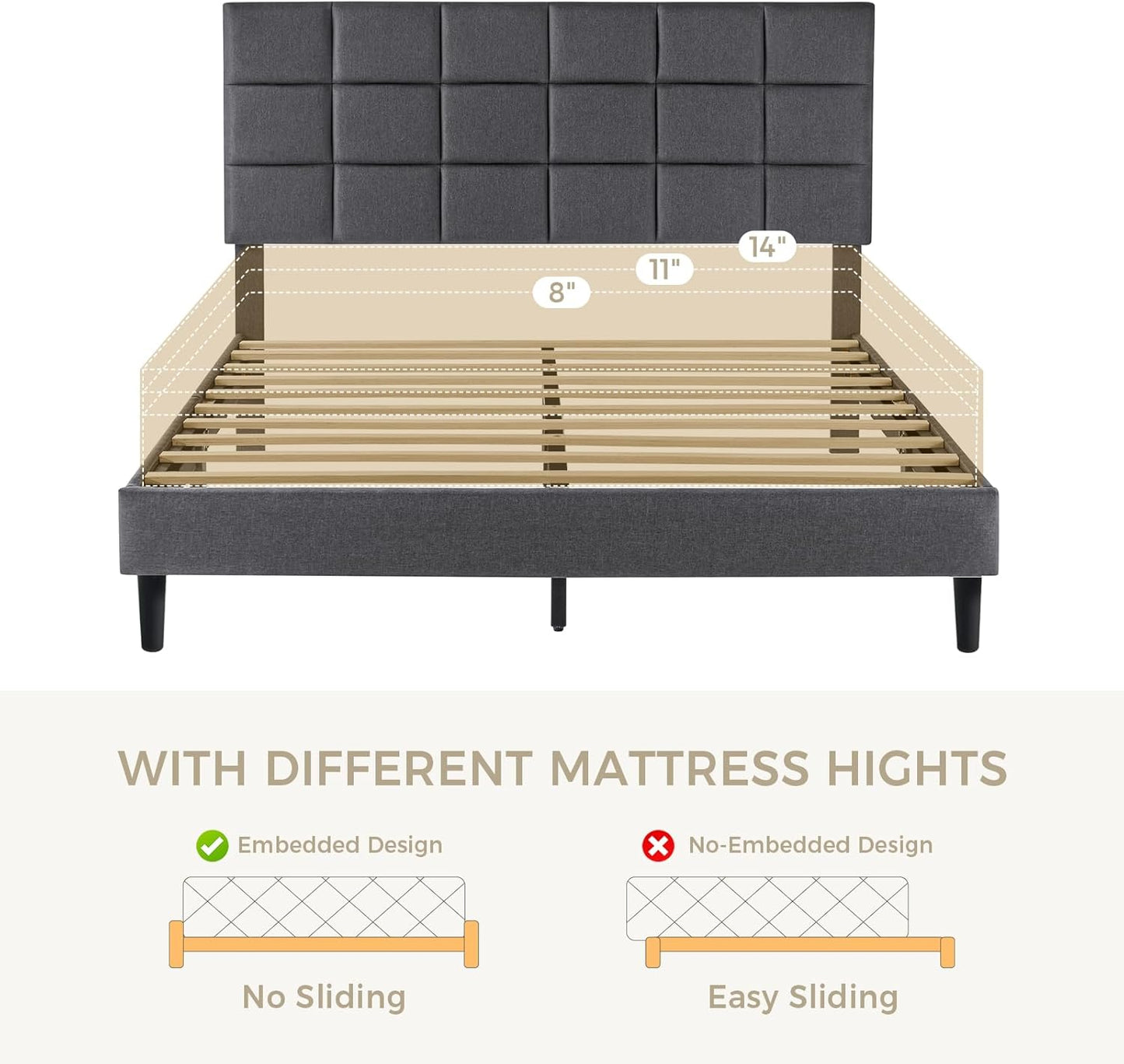 Susalt Full Size Platform Bed Frame - Upholstered Headboard, Linen Fabric, 800LBS Support, Grey