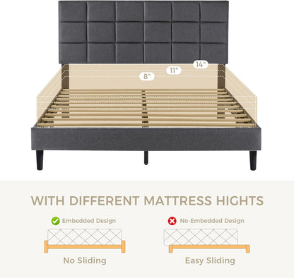 Susalt Full Size Platform Bed Frame - Upholstered Headboard, Linen Fabric, 800LBS Support, Grey