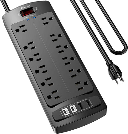Teiobar 6 Ft Extension Cord Power Strip - Surge Protector with 12 AC Outlets & 4 USB Ports | Black, 1875W/15A, 2700 Joules