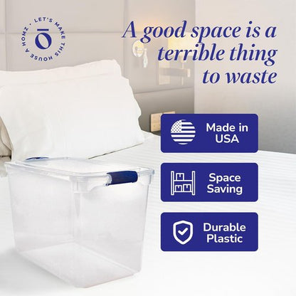 HOMZ Clear Plastic Storage Organizer Bins - 112 Quart Stackable Latching Lid Containers | 2-Pack, Blue Latch