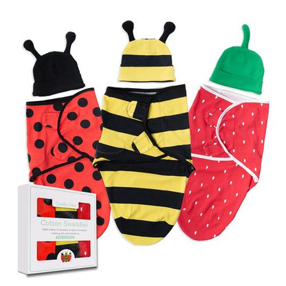 Baby Swaddle | 100% Cotton Adjustable Velcro Newborn Blanket Wrap - with Novelty Hat Beanie