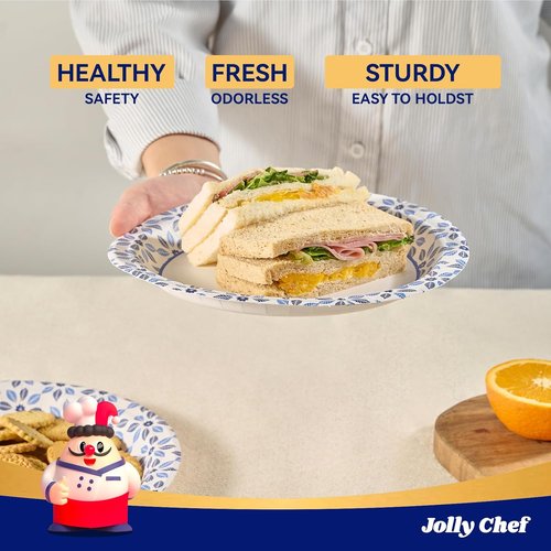 JOLLY CHEF 10-Inch Heavy Duty Disposable Paper Plates - 140 Count, Soak Proof & Cut Proof