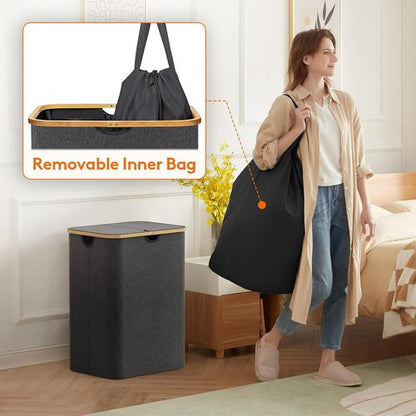 Lifewit 150L Laundry Basket - Foldable Hamper with Lid & Bamboo Handles | Dark Gray, Large Size
