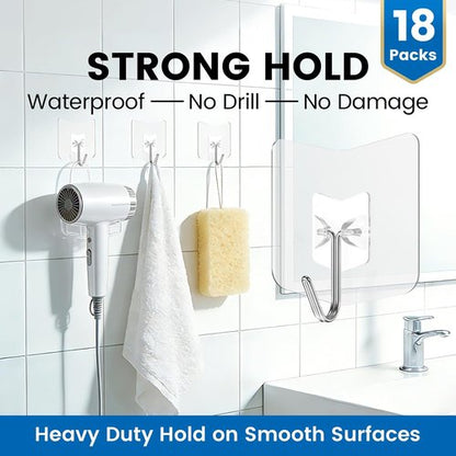 Heavy Duty Adhesive Hooks 18 Pack - 15 lbs Capacity | No Drill Plastic Hangers for Bathroom & Kitchen