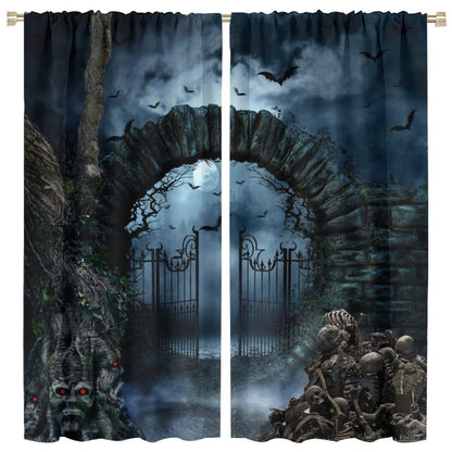 Halloween Gothic Blackout Curtain,Vintage Scary Skull Skeleton Rod Pocket Curtain Bat Full Moon Retro Print Window Drapes for Kids Teen Boy Bedroom Lving Room Party,2 Panels,42x45 Inch,Blue