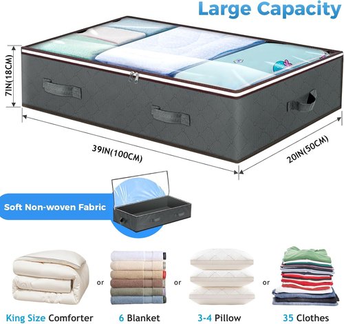 Budding Joy 90L Under Bed Storage Containers - Foldable Closet Organizers for Linens, Blankets & More | Grey