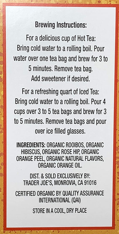 Trader Joes Organic Blood Orange Rooibos Herbal Tea Blend, Flavored with other Natural Flavors, Caffeine Free, 20 Tea Bags, 1.13 ounces (32 grams) (Two Pack)