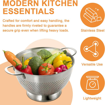 Stainless Steel Colander Set by [Brand Name] - Durable Rice & Pasta Strainers | Nesting Design, Rust-Resistant, Dishwasher Safe | 1.5, 3, & 5 Quart