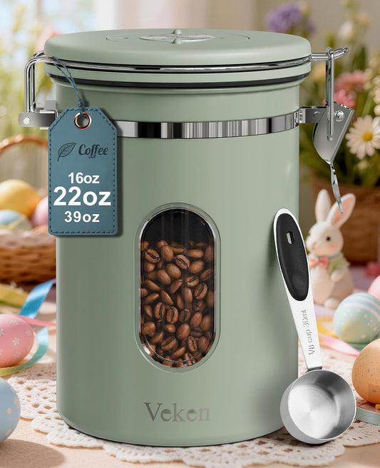 Veken Coffee Canister - Airtight Stainless Steel Container with Window | 22oz Green for Grounds, Beans, Tea, and More