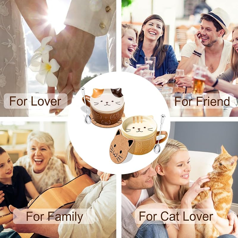 2Pcs Cute Cat Mug with Lid - 10oz Ceramic Tea Cups Set (Brown + Yellow)