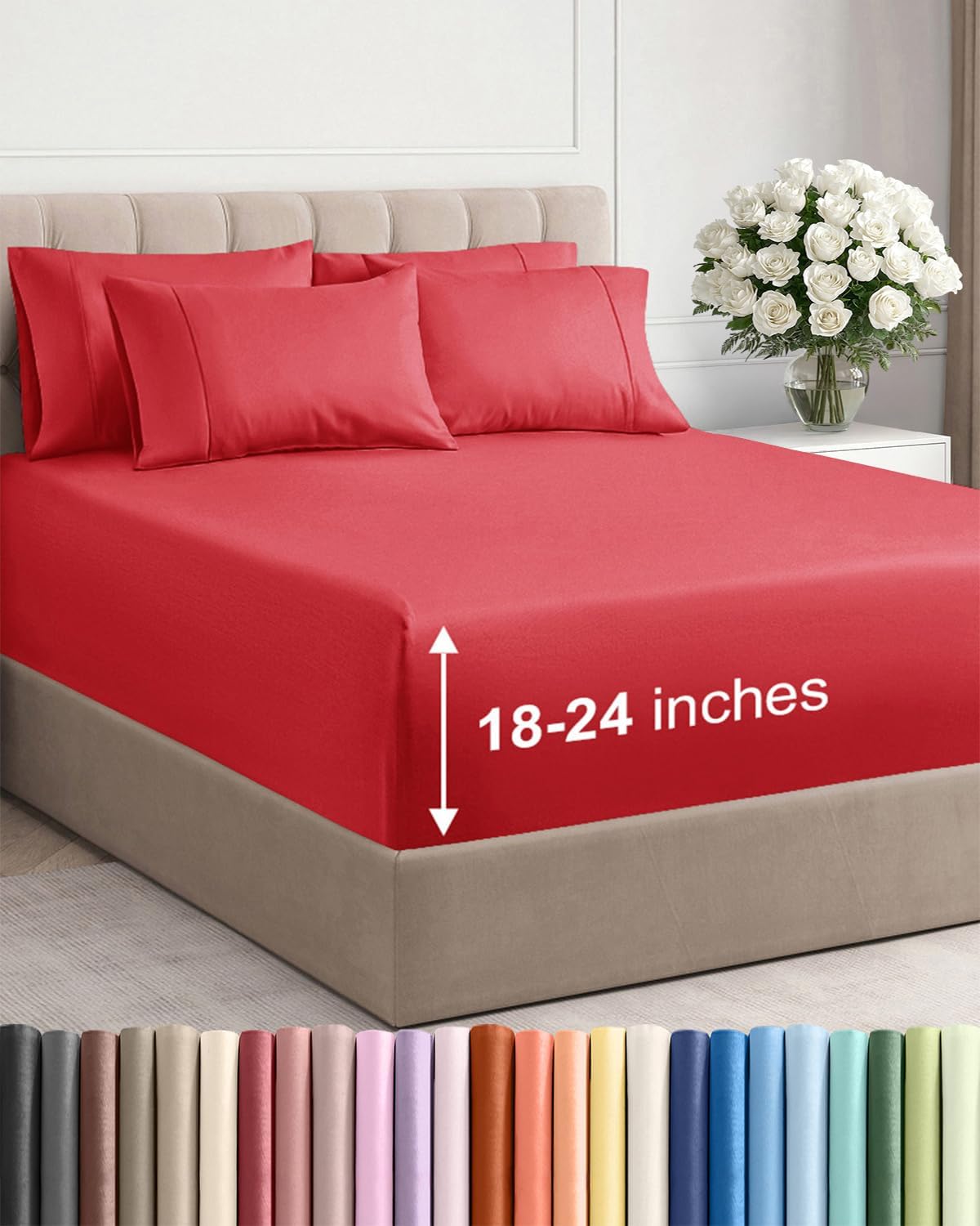 Skiennix Extra Deep Queen Sheet Set - 6 Piece Breathable Cooling Bedding - Soft, Wrinkle-Free Red Sheets