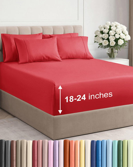 Skiennix Extra Deep Queen Sheet Set - 6 Piece Breathable Cooling Bedding - Soft, Wrinkle-Free Red Sheets