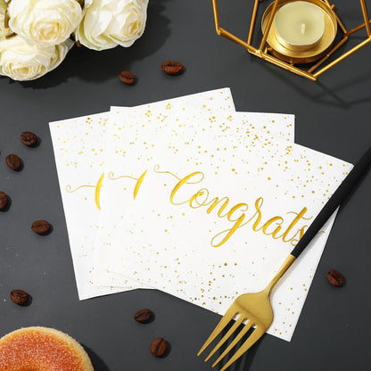 Whaline Cocktail Napkins - 80 Pcs White Gold Foil Congrats Design for Graduation & Celebrations