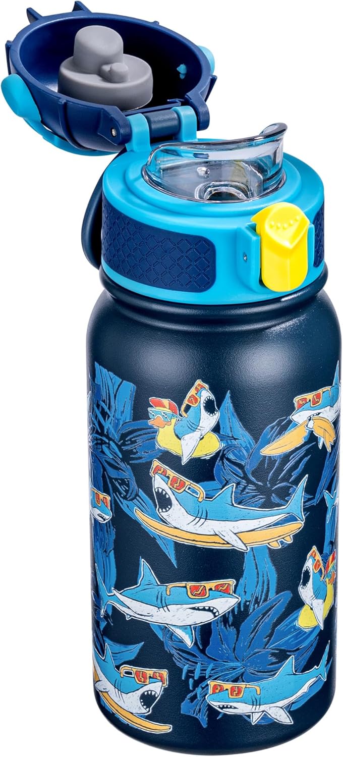 OLDLEY Kids Water Bottle - 12oz Insulated Stainless Steel, Leak-Proof Design | Navy Shark