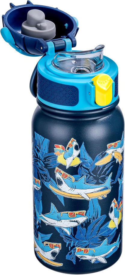 OLDLEY Kids Water Bottle - 12oz Insulated Stainless Steel, Leak-Proof Design | Navy Shark