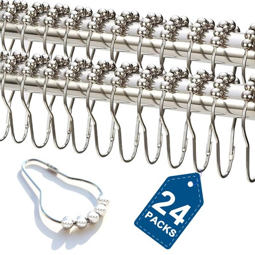 Consss 24PCS Stainless Steel Shower Curtain Hooks Rust Proof, Shower Curtain Rings Polished Nickel, Heavy Curtain Rod Rings for Bathroom, Durable Bathroom Decor Hooks Chrome Silver