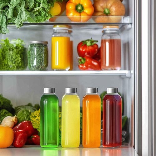 KEYWING 12Packs Glass Juice Bottles with Lids, 18oz Clear Juicing Bottle with Reusable Glass, Leak Proof Water Bottles with Airtight Stainless Steel Cap for Juice, Coffee, Beverage, Smoothies, Tea