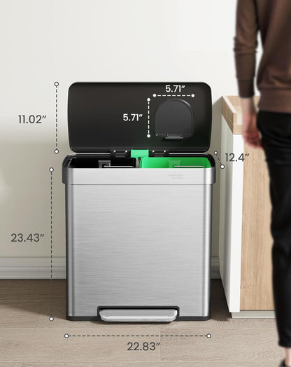 Cesun GreenGrin Dual Compartment Kitchen Trash Can - 2x8 Gallon Stainless Steel Garbage Bin with Lid & Recycling Flap | 30L Each